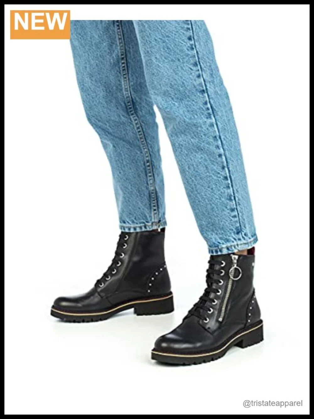 Genuine Leather Women's Flat Ankle Boots with Rhinestones, Lace-Up
